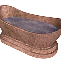 Wooden Bathtub With Natural Wood Grain Brown Exterior And Deep Red Interior Base
