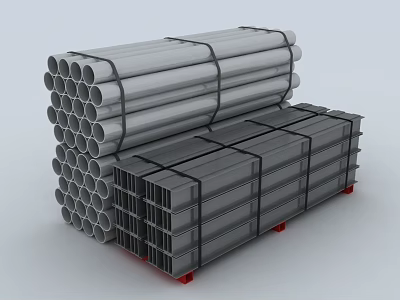 Silver Cylindrical Pipes Stacked With Black Rectangular Pipes On Red Pallets 3d model