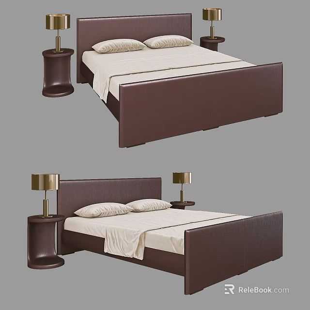 Modern Double Bed With Leather Headboard White Bedding And Bedside Table Lamps 3d model