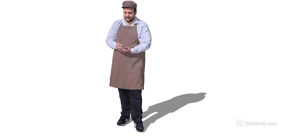 Man Wearing Brown Apron And Blue Shirt Holding Device In Hand Standing 3d model 