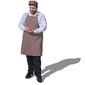 Man Wearing Brown Apron And Blue Shirt Holding Device In Hand Standing