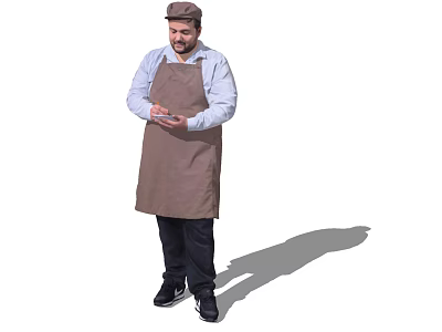 Man Wearing Brown Apron And Blue Shirt Holding Device In Hand Standing 3d model