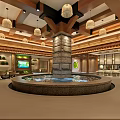 Luxurious SPA Sauna Interior With Hot Spring Pool Wooden Ceiling Hanging Lamps And Green Plants