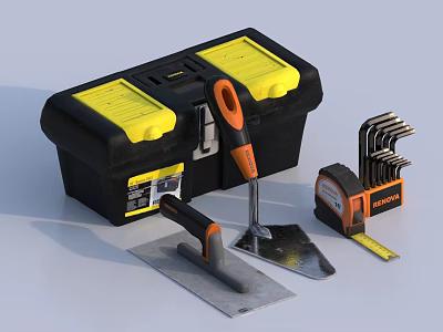 Black and Yellow Hardware Toolbox with Orange Handle Trowel Scraper Tape Measure Allen Wrenches 3d model
