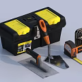 Black and Yellow Hardware Toolbox with Orange Handle Trowel Scraper Tape Measure Allen Wrenches