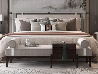 Fabric Double Bed Carpet Bedside Table Lamp Bed Stool 3d model