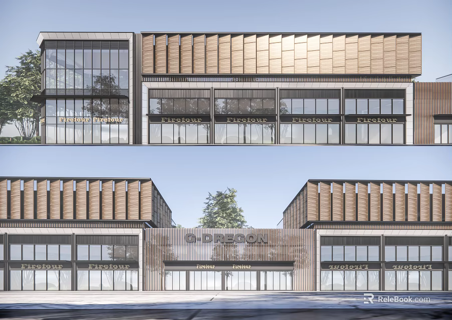 Modern Commercial Street Architectural Design Featuring Glass Facade Wooden Cladding And Shop Fronts 3d model 