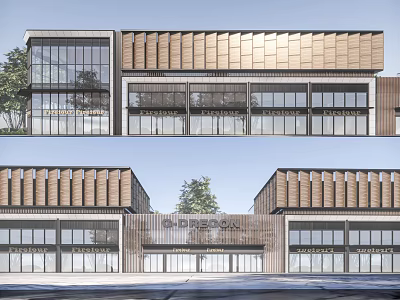 Modern Commercial Street Architectural Design Featuring Glass Facade Wooden Cladding And Shop Fronts 3d model