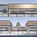 Modern Commercial Street Architectural Design Featuring Glass Facade Wooden Cladding And Shop Fronts