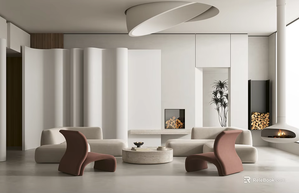 Modern Living Room Interior With Curved Sofa Accent Chairs Contemporary Lighting And Fireplace 3d model 