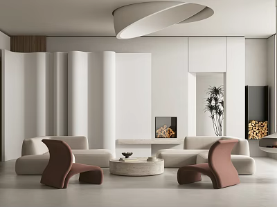 Modern Living Room Interior With Curved Sofa Accent Chairs Contemporary Lighting And Fireplace 3d model