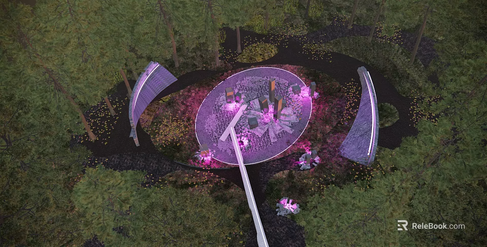 Park Landscape Featuring Circular Purple Area Arched Structures Pathways And Pink Flowers 3d model 