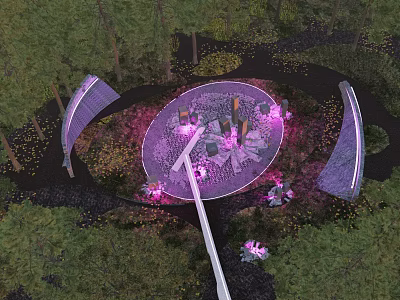 Park Landscape Featuring Circular Purple Area Arched Structures Pathways And Pink Flowers 3d model