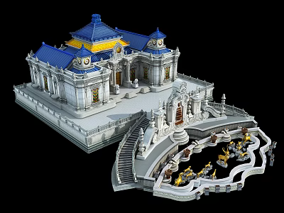 European Architecture Model With Blue Roof Golden Decorations White Walls Grand Staircase And Fountain Sculptures 3d model