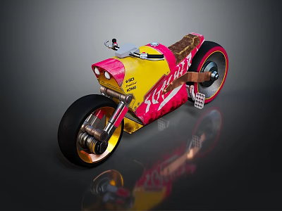 Unique Modern Yellow And Pink Motorcycle With Black Tires And Kart Design 3d model