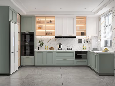Modern Light Green And White Kitchen Interior Design With Marble Countertop Cabinets Refrigerator And Oven 3d model