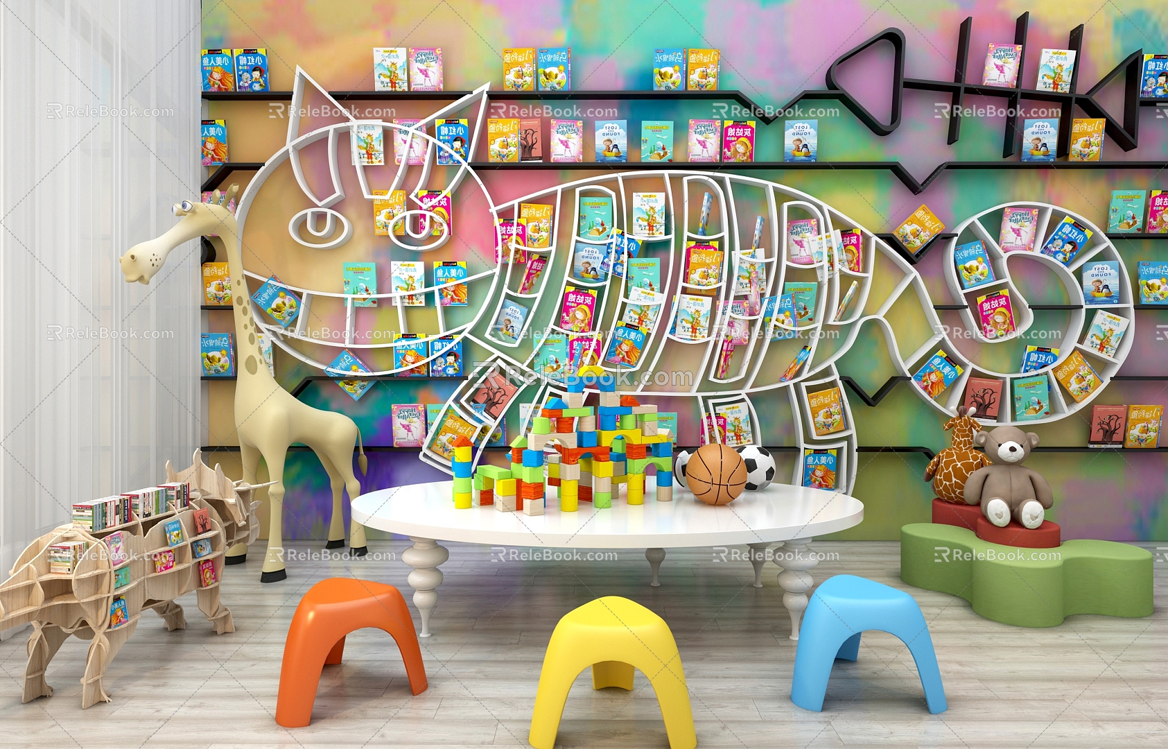 Modern Children's Table and Chair Toy Bookshelf Background Wall Decorations 3d model