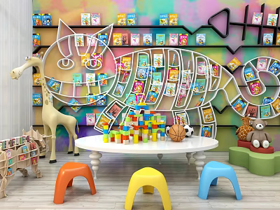 Kids Table With Colorful Stools Building Blocks Basketball And Cat Shaped Bookshelf In Playroom 3d model