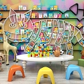 Modern Children's Table and Chair Toy Bookshelf Background Wall Decorations 3d model