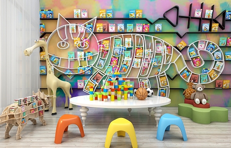 Modern Children's Table and Chair Toy Bookshelf Background Wall Decorations 3d model