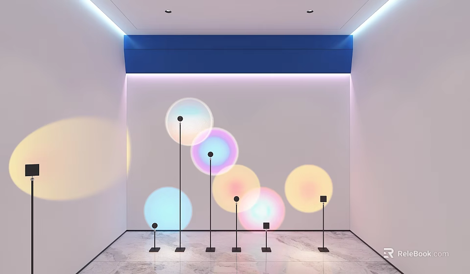 Modern Floor Lamps With Colorful Light Projections On White Wall And Marble Floor 3d model 