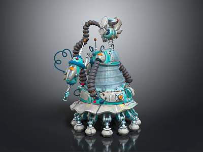Turquoise And Silver Mechanical Robot Character With Coiled Pipes Antenna Circular Base And Multiple Legs 3d model