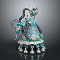 Turquoise And Silver Mechanical Robot Character With Coiled Pipes Antenna Circular Base And Multiple Legs