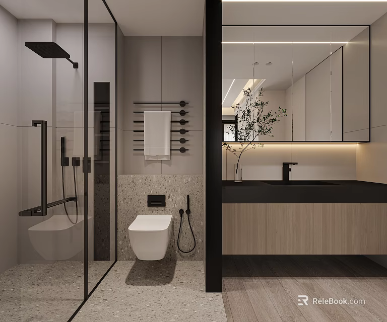 Modern Bathroom Interior Featuring Glass Shower Enclosure Toilet Wall Mounted Towel Rack And Backlit Mirror 3d model 