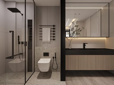 Modern Bathroom Interior Featuring Glass Shower Enclosure Toilet Wall Mounted Towel Rack And Backlit Mirror 3d model