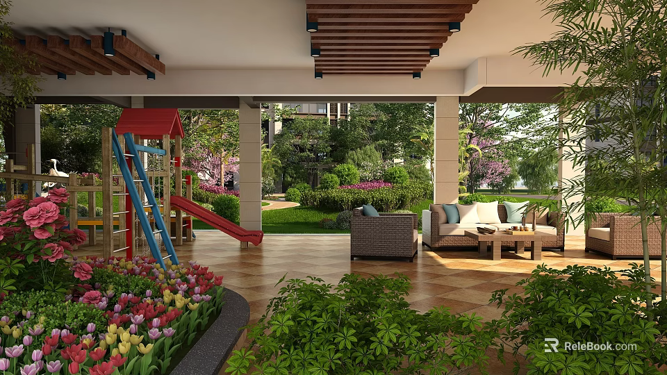 Residential Landscape with Wooden Ceiling Outdoor Sofas Playground Slide and Tulip Flower Bed 3d model 
