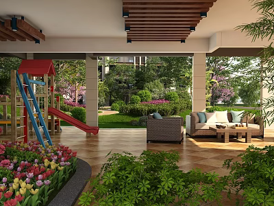 Residential Landscape with Wooden Ceiling Outdoor Sofas Playground Slide and Tulip Flower Bed 3d model