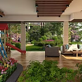 Residential Landscape with Wooden Ceiling Outdoor Sofas Playground Slide and Tulip Flower Bed