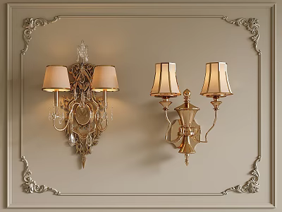 Traditional Ornate Wall Lamps with Fabric Lampshades on Decorative Paneled Wall 3d model