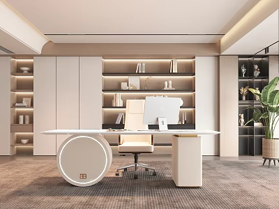 Modern Office Interior Design With White Desk Bookshelves And Green Plant 3d model