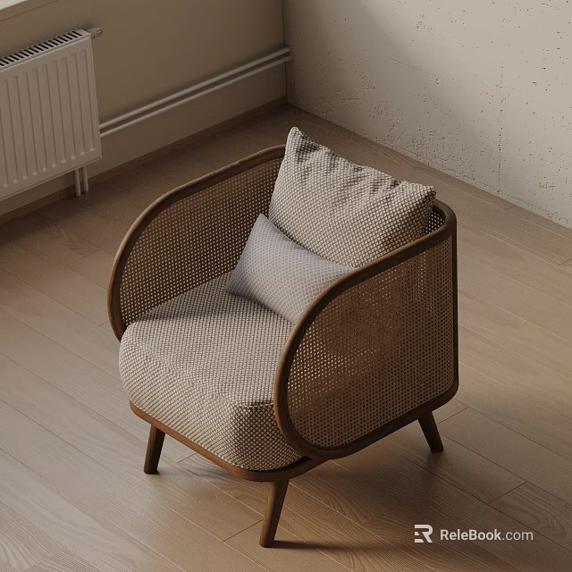 Natural Light Toned Accent Chair With Wooden Frame Rattan Back And Upholstered Seat Cushion 3d model 