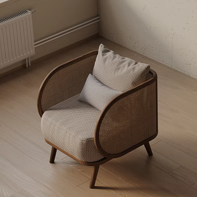 Natural Light Toned Accent Chair With Wooden Frame Rattan Back And Upholstered Seat Cushion 3d model