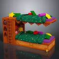 Wooden Kids Bunk Bed With Green Star Pattern Mattress And Colorful Pillows