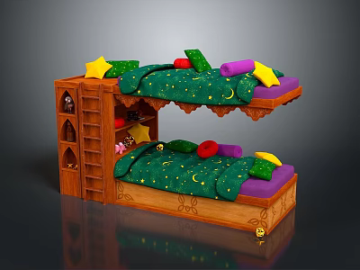 Wooden Kids Bunk Bed With Green Star Pattern Mattress And Colorful Pillows 3d model