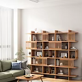 Modern Wooden Shelving Unit In Living Room With Multilayer Open Design And Books Decorations Vases