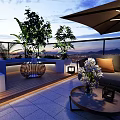 Rooftop Garden Terrace With Comfortable Sofa Coffee Table And Umbrella Overlooking City View