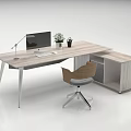 Modern Office Desk With Computer Monitor Lamp Potted Plant Storage Cabinet And Ergonomic Chair