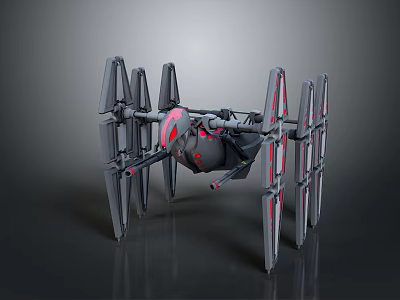 3D Model Of Futuristic Sci Fi Aircraft With Multi Wing Black Red Design 3d model