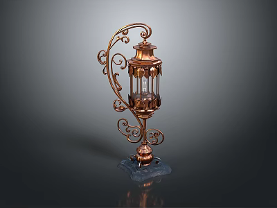 Vintage Copper Lantern With Ornate Iron Scrollwork Glass Enclosure And Blue Base 3d model