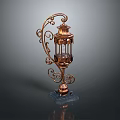 Vintage Copper Lantern With Ornate Iron Scrollwork Glass Enclosure And Blue Base