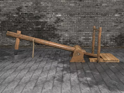 Wooden Garden Ornament With Seesaw Like Structure Against Brick Wall And Stone Pavement 3d model