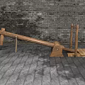 Wooden Garden Ornament With Seesaw Like Structure Against Brick Wall And Stone Pavement