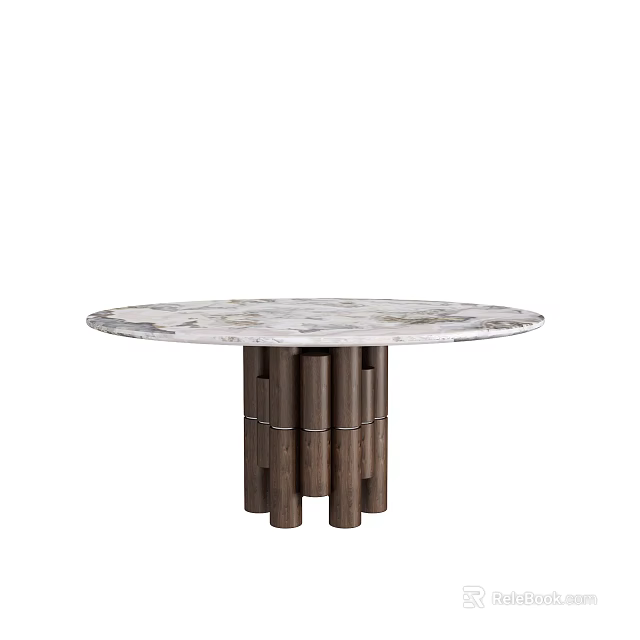 Round Patterned Marble Dining Table With Dark Cylindrical Legs And Modern Design 3d model