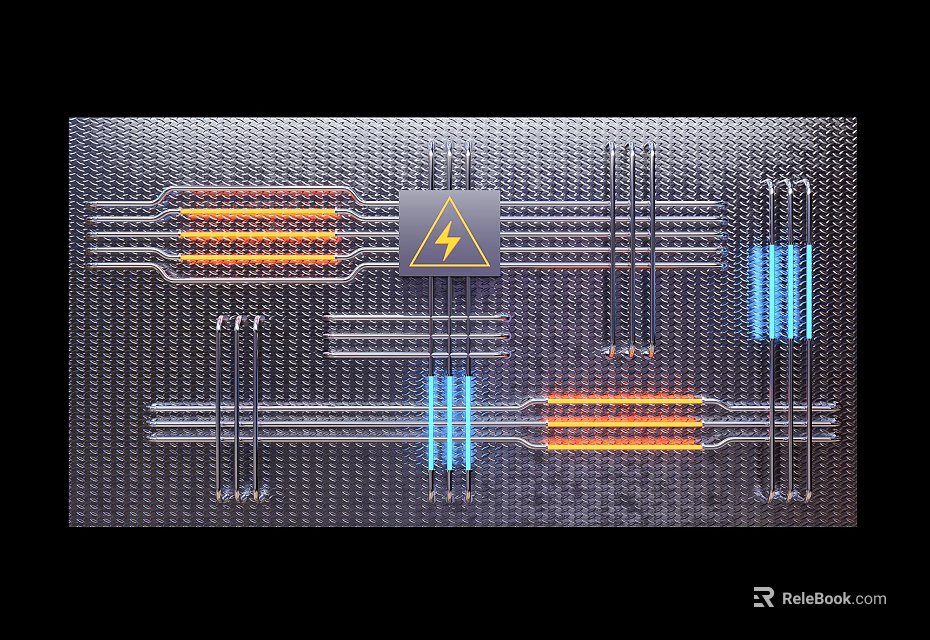Detailed Electronic Circuit Board Design With Lightning Warning Symbol And Colored Lines 3d model 