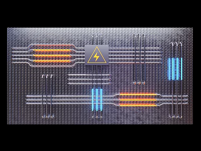 Detailed Electronic Circuit Board Design With Lightning Warning Symbol And Colored Lines 3d model