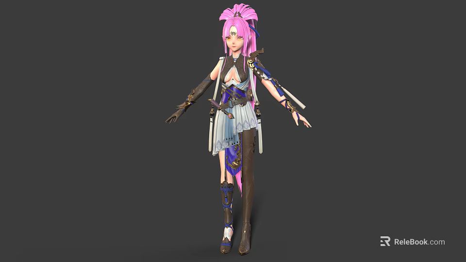 3D Fantasy Character Design With Pink Hair Blue White Outfit And Creature Inspired Elements 3d model 